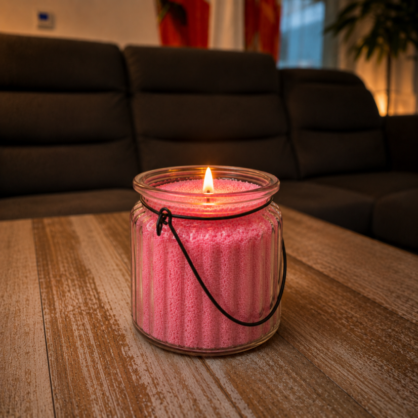 Barevná sypaná svíčka PowderCandle 50hodin – růžový vosk