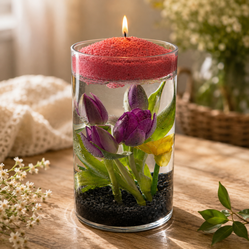 Barevná sypaná svíčka PowderCandle 50hodin – růžový vosk